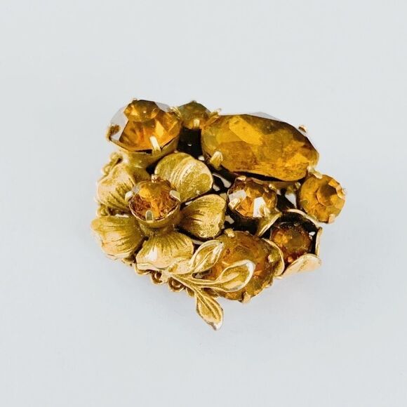 Vintage Yellow Amber Rhinestones Crystal Floral Brooch Pin Gold Tone - Picture 4 of 5